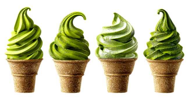 Four green soft serve ice cream cones isolated on white