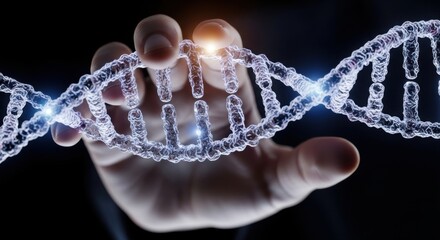 Human hand touching glowing dna strand with dark background and bright connections