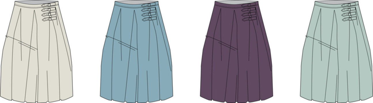 Fashion illustration of a set of elegant women's pleated skirts in various colors, featuring a stylish side tie detail, ideal for casual and everyday wear