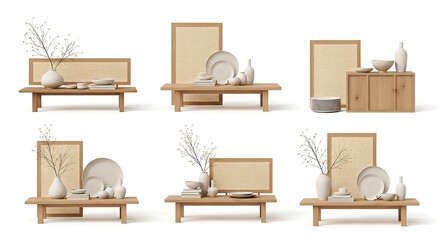 Minimalist home decor set with table dishes and vase