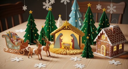 Papercraft nativity scene with christmas trees and festive decorations