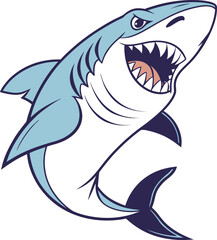 Fototapeta premium A stylized cartoon illustration of a shark dominates the image. The shark is depicted with a dynamic pose, mouth wide open, displaying rows of sharp white teeth, conveying an aggressive stance. Its bo
