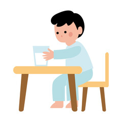 Cartoon school illustration of a young man, boy, drinking a milk while sitting at a desk, table, or chair