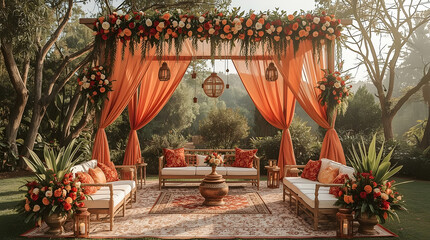 A dreamy, warm-themed outdoor event setup featuring an arch draped in vibrant orange fabric, a rich floral canopy, white seating with orange pillows, and an intricate rug amidst a lush garden setting.