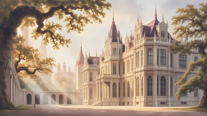 Fototapeta premium A royal palace with dramatic morning light, concept of history, tradition and heritage, classically illustration.