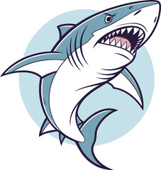 Fototapeta premium A stylized cartoon illustration of a shark dominates the image. The shark is depicted with a dynamic pose, mouth wide open, displaying rows of sharp white teeth, conveying an aggressive stance. Its bo
