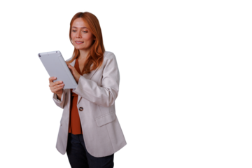 Businesswoman redhead with tablet managing tasks and digital content, using app for online work, transparent background