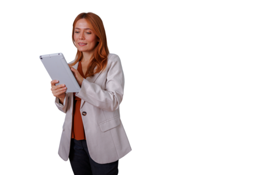 Businesswoman redhead with tablet managing tasks and digital content, using app for online work, transparent background