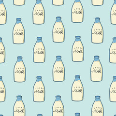 Milk bottles doodles seamless pattern for wallpaper, backgrounds, product packaging, wrapping paper, textile prints, etc. EPS 10 