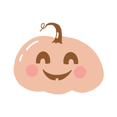 Cute pumpkin character. Happy Halloween, smiling pumpkin. Hand drawn vector illustration. Ideal for cards, posters, invitations. Vector baby flat illustration