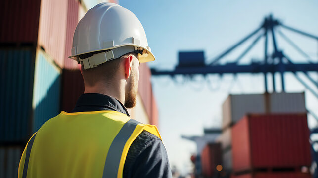 Dock worker with safety gear, hard hat, and vest inspecting containers at a maritime port. Shipping and global trade visual with logistics and export theme.