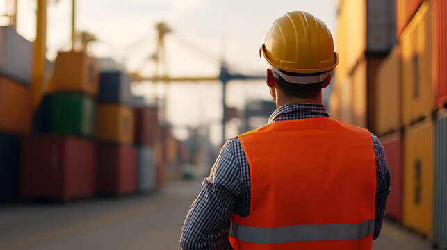 A worker in a hardhat and vest stands among colorful shipping containers, suggesting international trade and logistics. The crane in the background implies industrial activity.