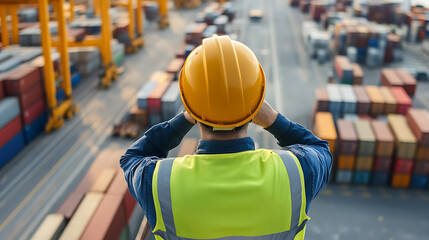 Overseeing port operations, a worker in safety gear surveys the scene. Stacks of shipping containers and cranes dominate the industrial landscape, symbolizing global trade.
