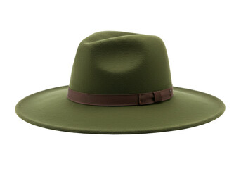 Isolated olive-green felt hat with brown ribbon band for formal wear, fashion accessory