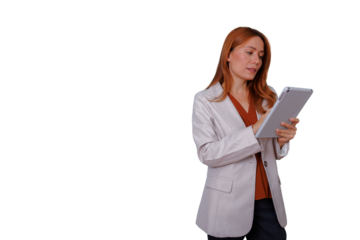 Agile businesswoman using digital tablet for remote work, technology communication, transparent background