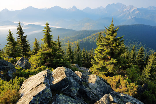 Mountain viewpoint with pine trees framing distant mountain ranges and valleys. Person-sized rock formation in foreground offers perfect spot for nature observation and wilderness photography.
