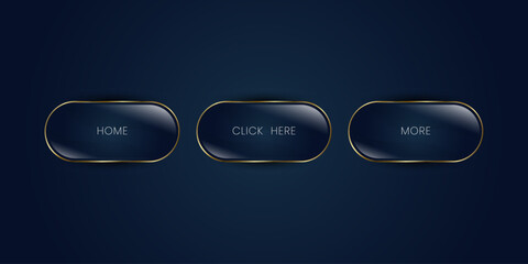 Set of web buttons in Sleek black luxury button with golden edges and elegant-Click Here-text, perfect for premium web interfaces. vector illustration