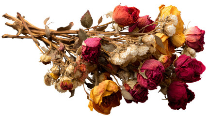 Bundle of Dried Roses and Stems on White Background