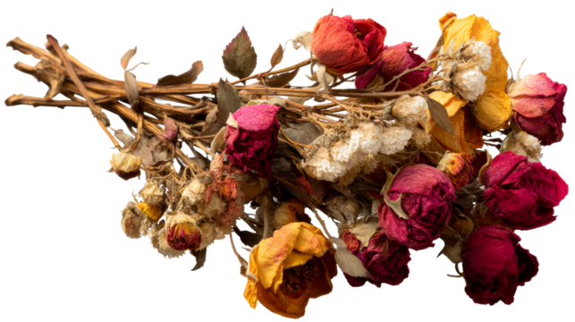 Bundle of Dried Roses and Stems on White Background