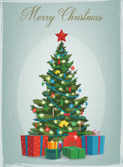 Christmas tree with decorations and gift boxes. Holiday background. Merry Christmas and Happy New Year. Vector illustration