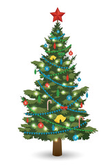 Christmas tree with decorations and gift boxes. Holiday background. Merry Christmas and Happy New Year. Vector illustration