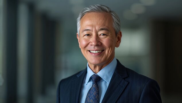 Confident, smiling Asian businessman in a sharp pinstripe suit exudes professionalism and success in a modern office setting