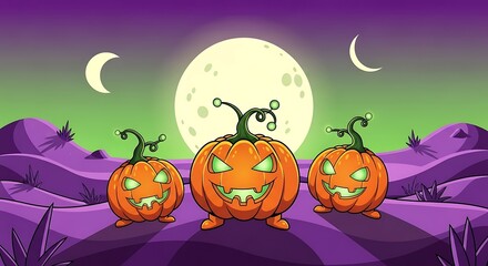 Three jackolanterns glow under a large full moon at night