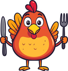 A cartoon chicken holding a fork and knife, ready to eat.