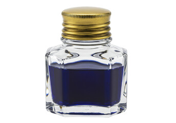 Isolated square antique ink bottle with brass cap and deep blue ink; writing supply