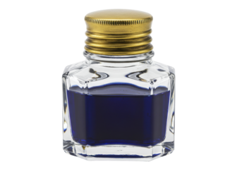 Isolated square antique ink bottle with brass cap and deep blue ink; writing supply