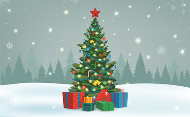 Christmas tree with decorations and gift boxes. Holiday background. Merry Christmas and Happy New Year. Vector illustration