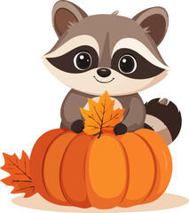 A cute raccoon sitting on top of a pumpkin holding a fall leaf.