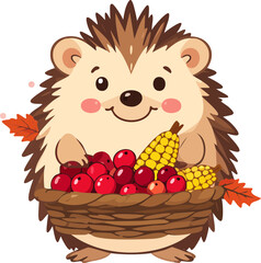 A cute cartoon hedgehog holding a basket full of apples and corn, with autumn leaves.