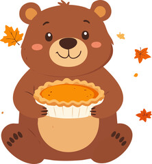 A cute cartoon brown bear sits holding a delicious pumpkin pie during autumn with falling leaves.