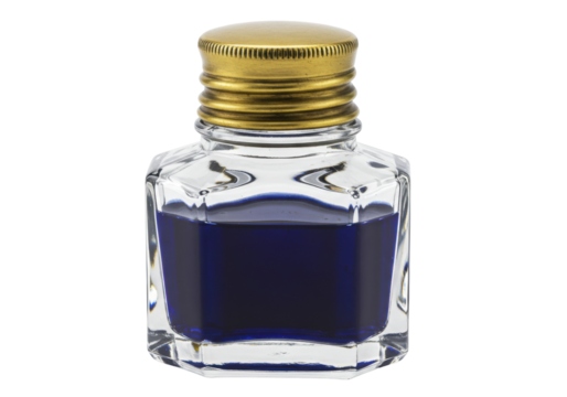 Isolated square antique ink bottle with brass cap and deep blue ink; writing supply