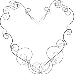 Elegant ornate line art heart frame created from fine, swirling filigree vines and elaborate scrolls, perfect for a monochromatic wedding invitation border or romantic certificate template.