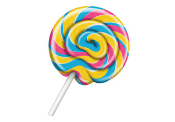 Isolated colorful lollipop candy with yellow, pink, and blue swirls, sweet spiral dessert