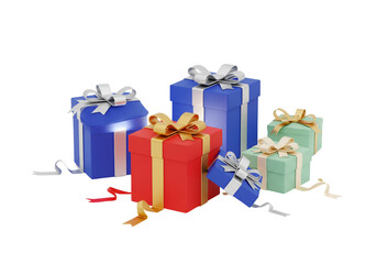 Colorful Gift Boxes with Ribbons, 3D Rendered on White Background