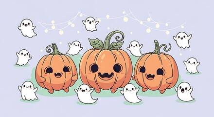 Cute halloween pumpkins with friendly ghost characters and string lights