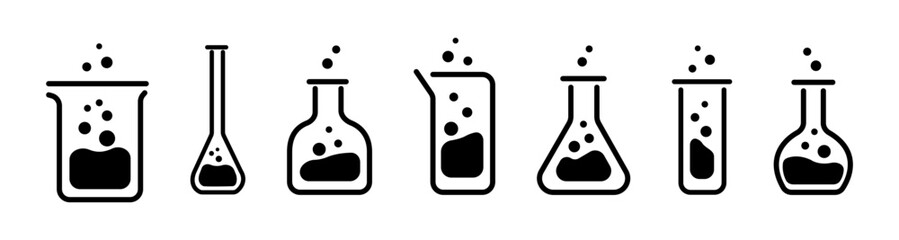 Lab flask icon set. Chemical test tube collection. Сhemistry and biology symbol. Experiment flasks, laboratory glassware, or beaker equipment icons. Health medical lab logo.