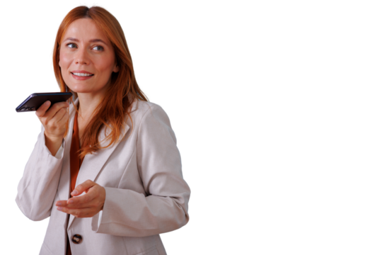 Businesswoman talking on smartphone using voice message function, communicating remotely on transparent background