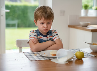 Upset child crying at table with spilled milk