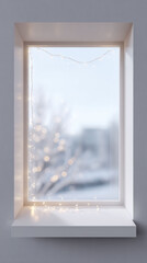 Obraz premium Peaceful winter scene from window looking at blurry snow landscape. cozy home interior with holiday light decoration on white frame, creating serene background