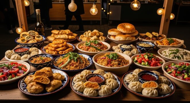 Assorted vegan uzbek cuisine display with traditional dishes and decorative lighting