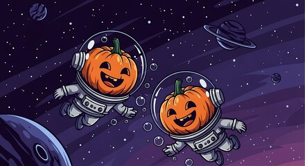Two pumpkin astronauts floating in outer space with planets and stars