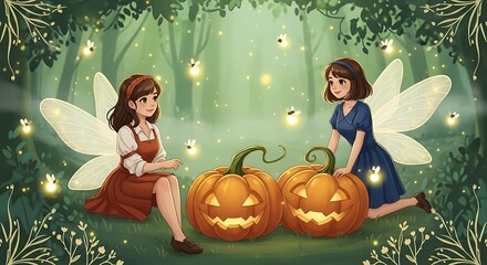 Two fairies with pumpkins in a magical forest at night