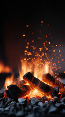 Fototapeta premium Mesmerizing close up of warm fire with burning wood log. hot flame and glowing ember create bright spark in dark night, feeling very cozy and relaxing