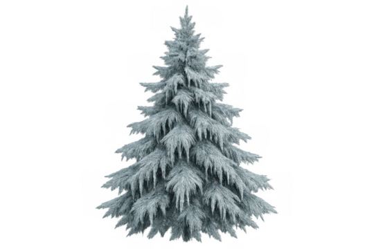White pine tree covered in heavy snow, symbolizing winter, christmas, and cold weather, on transparent alpha channel background