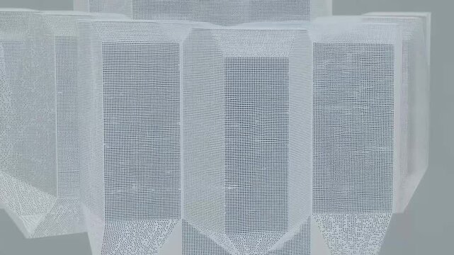 Geometric white structures with a dotted pattern against a gray backdrop