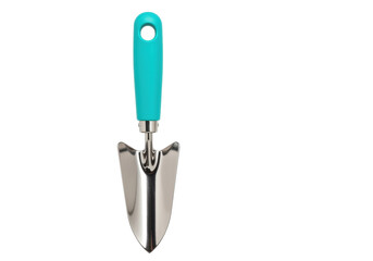 Isolated hand trowel with blue handle for small-scale gardening, planting, or landscaping tasks
